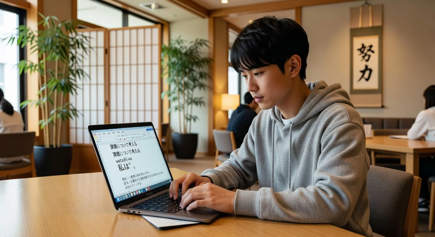 Student typing Japanese